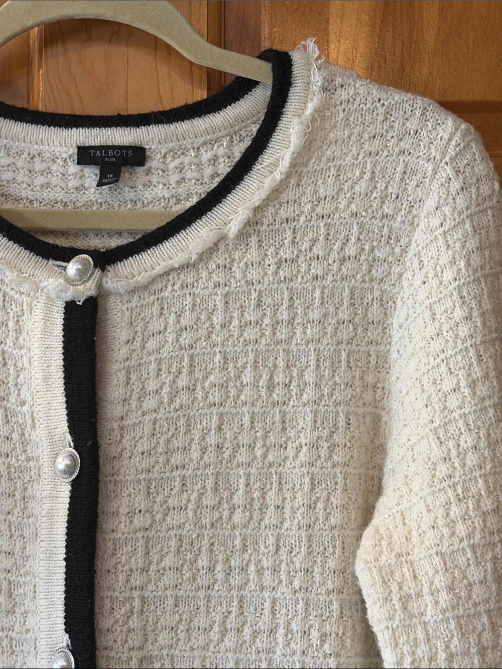 Talbots Cream Bouclé Cardigan with Black Trim